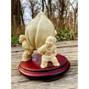 Vintage Asian China Resin Sculpture Boys Holding Longevity Peach